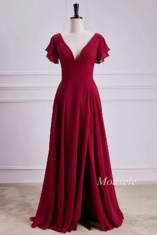 V-Neck Chiffon Maxi Dress with Flutter Sleeves in Red