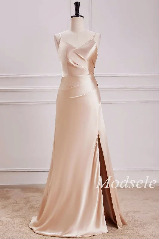 V-Neck Pleated Bodice Maxi Dress in Champagne