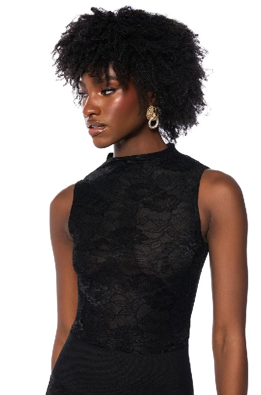 PHOENIX STRETCH LACE MOCK NECK BODYSUIT IN BLACK