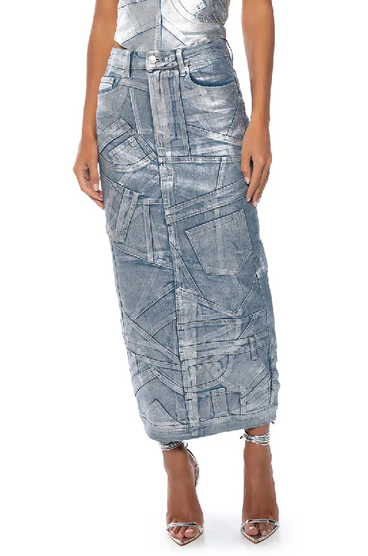 GIGI METALLIC PATCHWORK DENIM SKIRT