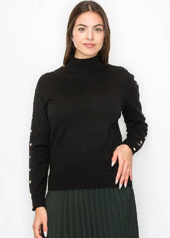 Black Buttoned Sleeve Mock Neck Top