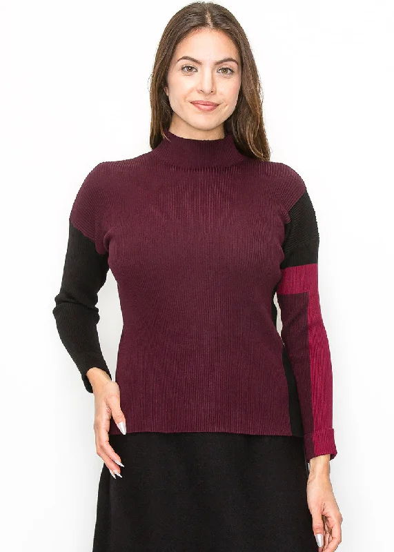 Burgundy Sweater with Color Block Sleeves