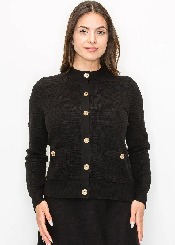 Buttoned Black Knit Cardigan with Pockets